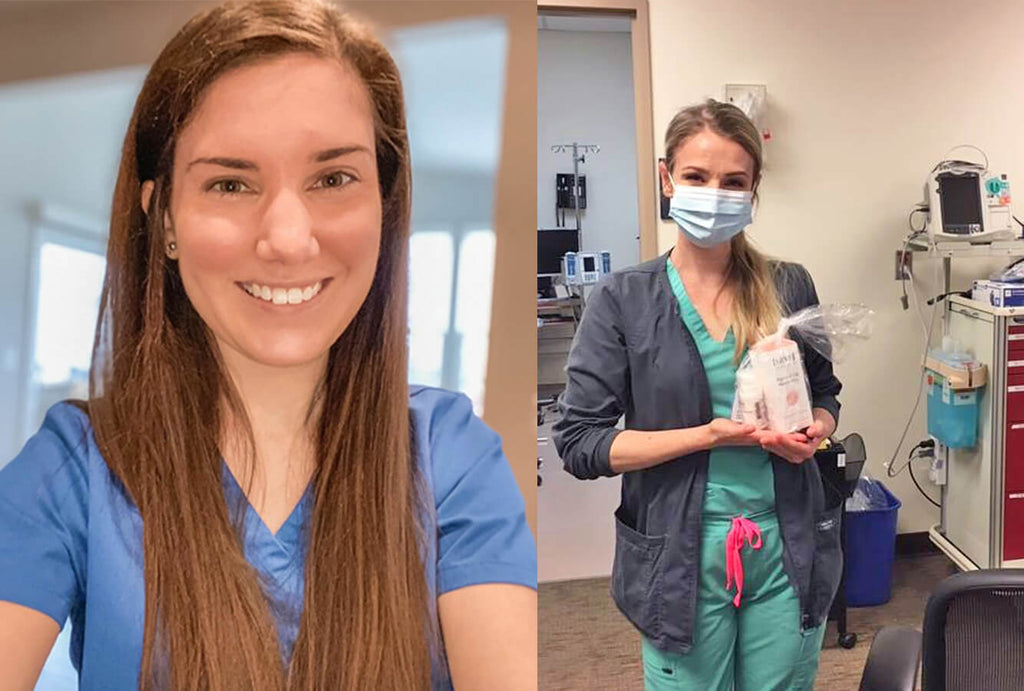 Nurse Shannon McPeek at work pausing to take a selfie with another nurse in the background